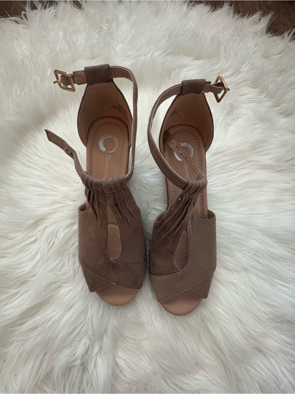 Women’s Taupe Suede Ankle-Strap Peep-Toe Sandals - Picture 2 of 7